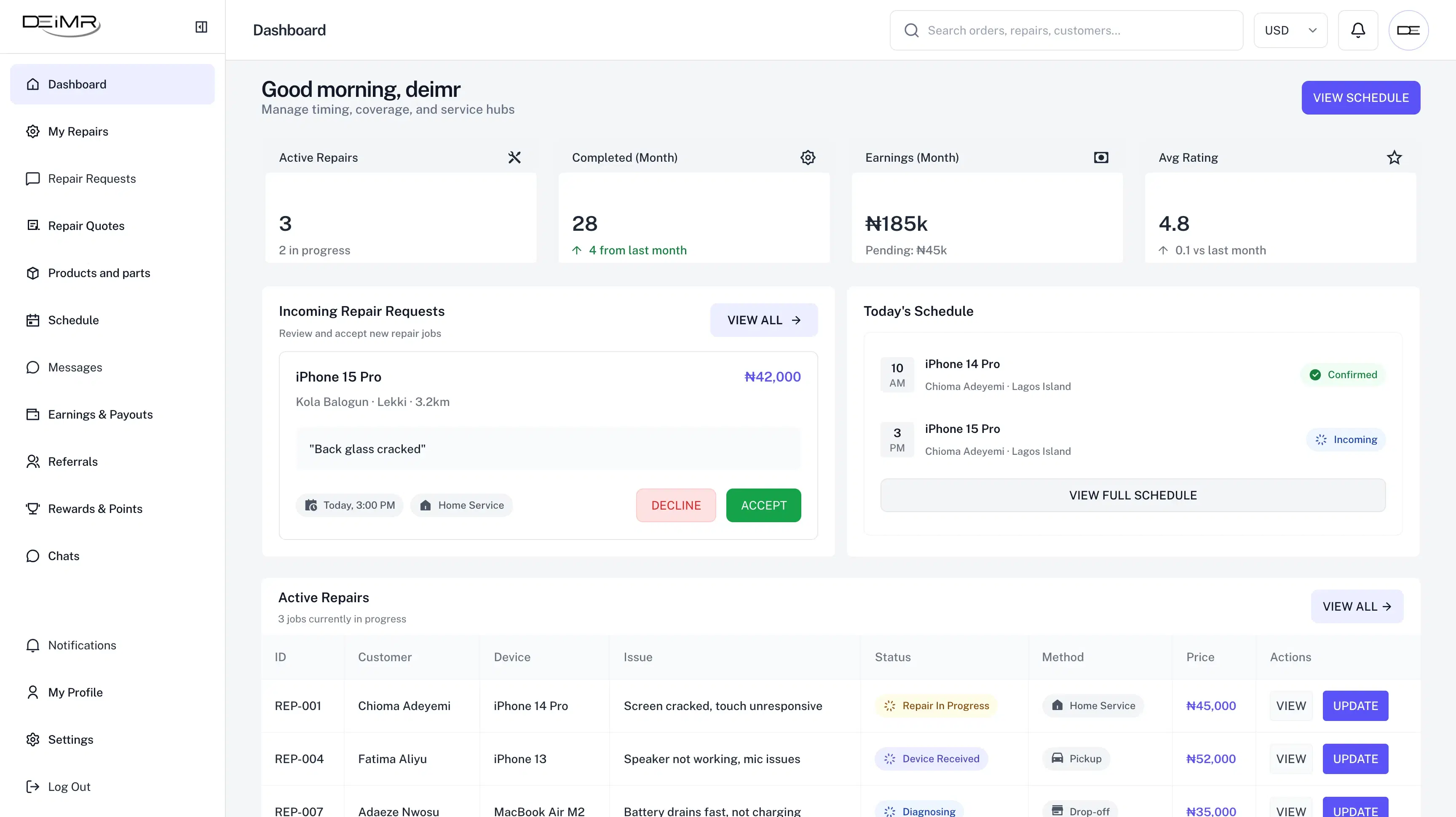DEIMR engineer dashboard showing repair requests, earnings, today's schedule, and active repairs